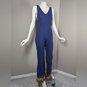 Farm Rio Blue Boho Print Jumpsuit Size Medium Stretchy Flare Leg One Piece